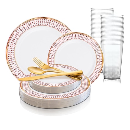 Smarty Had A Party White with Red and Gold Chord Rim Plastic Wedding Value Set, 360PK 620BGVS60